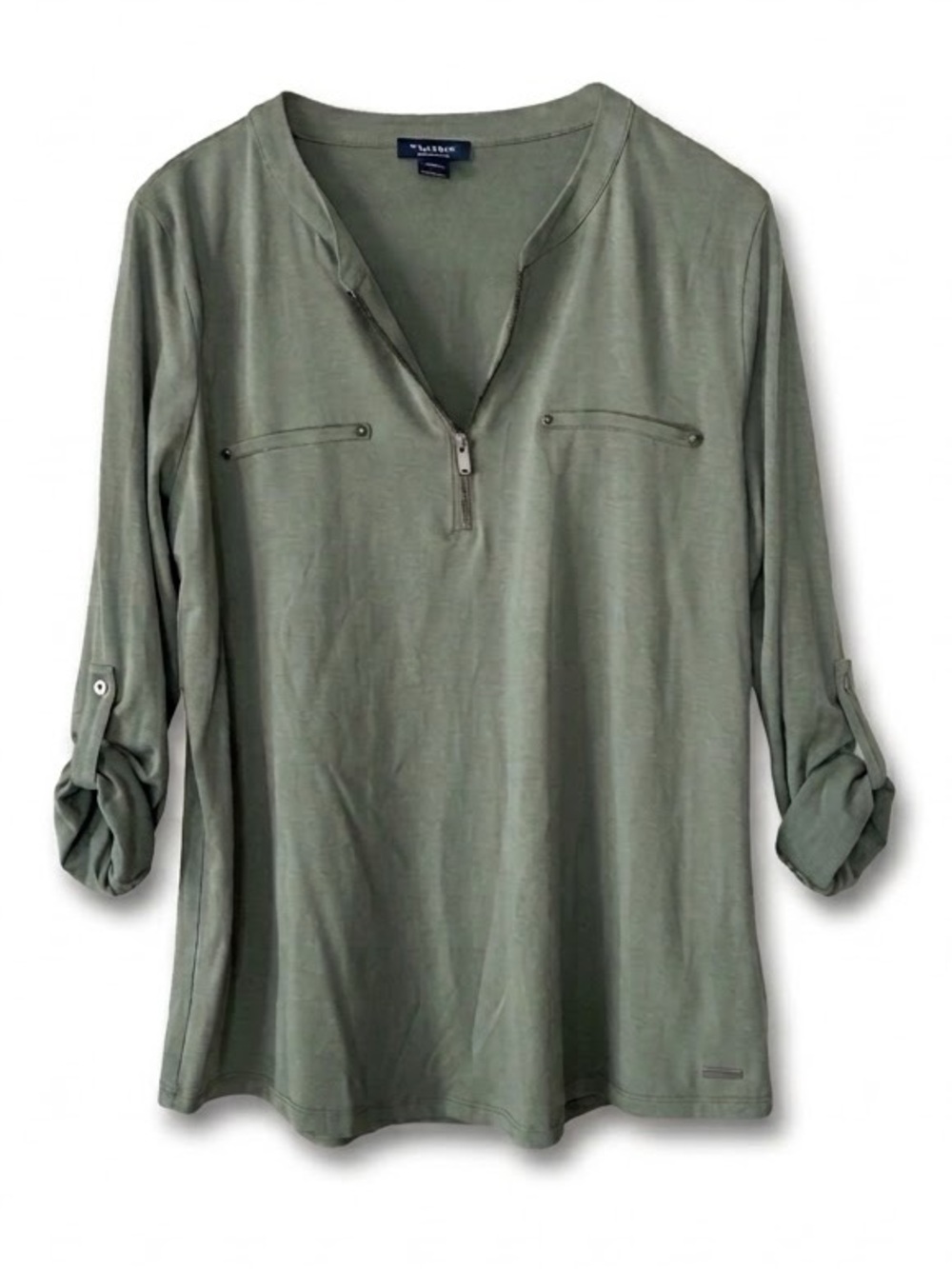 Tahari Olive Green Quarter Zip Tunic Top Roll Tab Long Sleeve Women’s XL